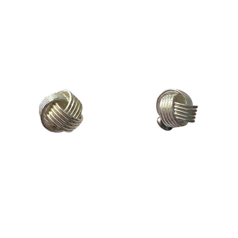 1990s Silver Tone Love Knot Stud Earrings Textured Wire Wrap Classic Dainty Stud